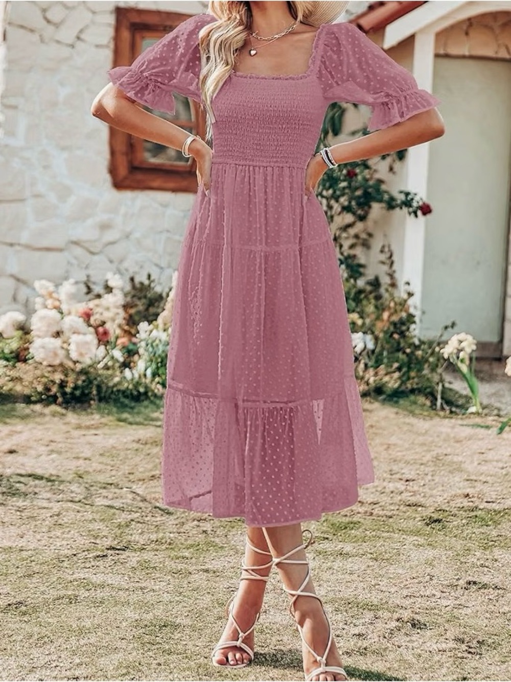 Smocked Square Neck Midi Dress in Dusty Rose